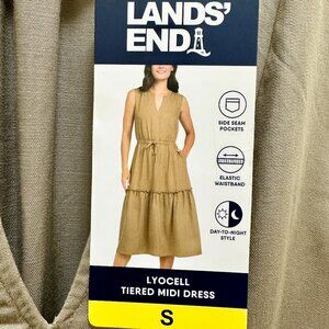 New Lands' End Women's Lyocell Tiered Midi Dress Size S Tan Cottagecore Boho